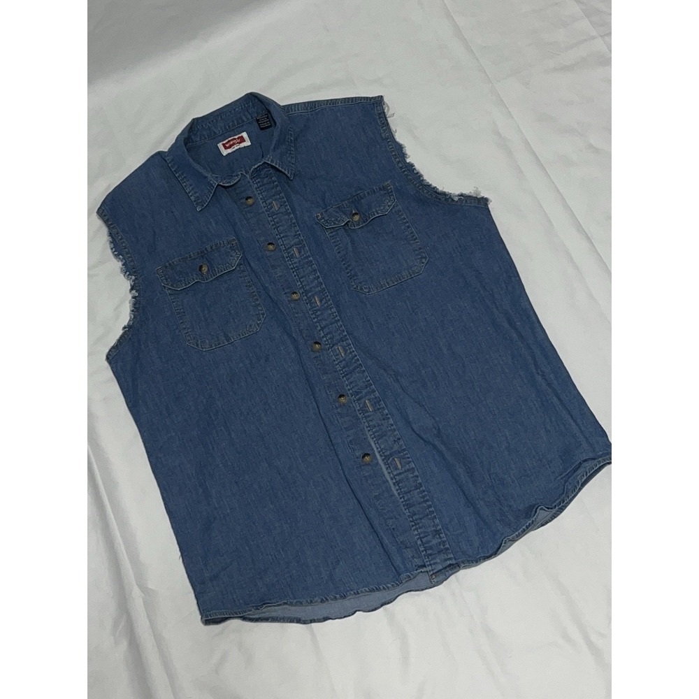 Wrangler Denim Western Snap Shirt Cutoff Sleeveless Vest Style Mens L Biker